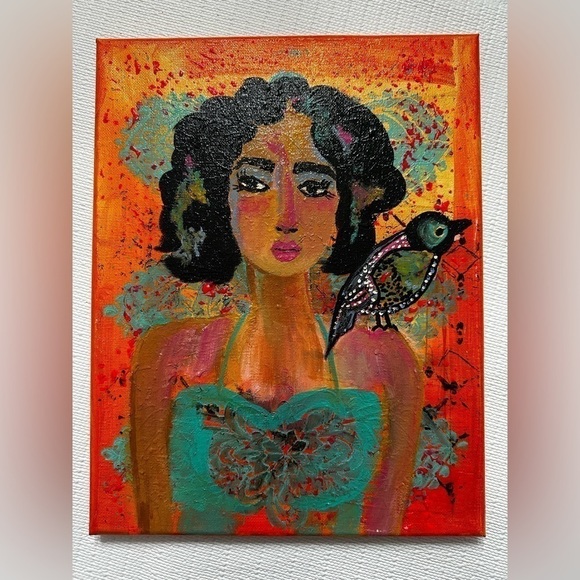 Original Art Painting Artwork Acrylic on Canvas Woman with bird Teal & Orange - Picture 7 of 9